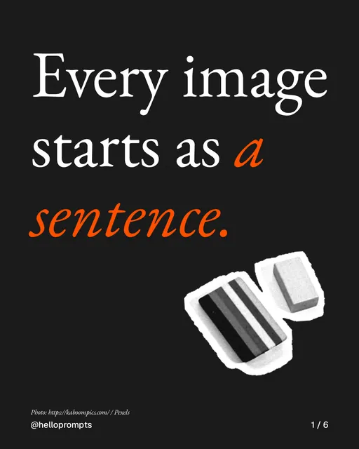 Carousel for HelloPrompts: "Every image starts as a sentence.". Cutout essay, 6 slides, dark palette.