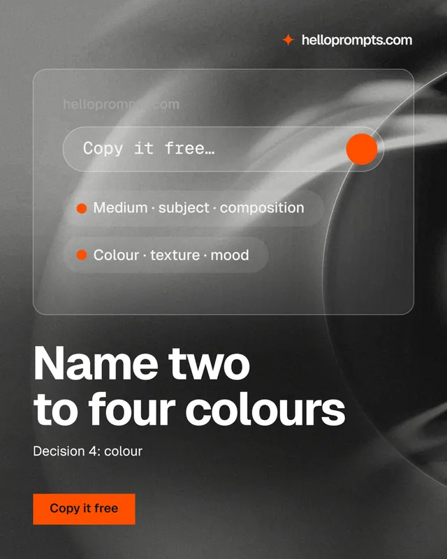 Instagram portrait post for HelloPrompts: "Name two to four colours". Swiss style, bottom layout, dark palette in black, grey.