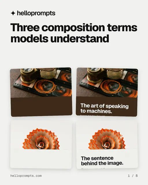 Carousel for HelloPrompts: "Three composition terms models understand". Collection carousel, 8 slides, light palette.