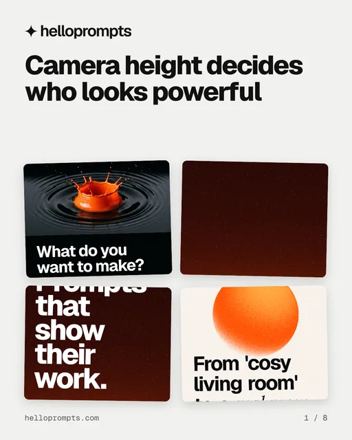 Carousel for HelloPrompts: "Camera height decides who looks powerful". Collection carousel, 8 slides, light palette.