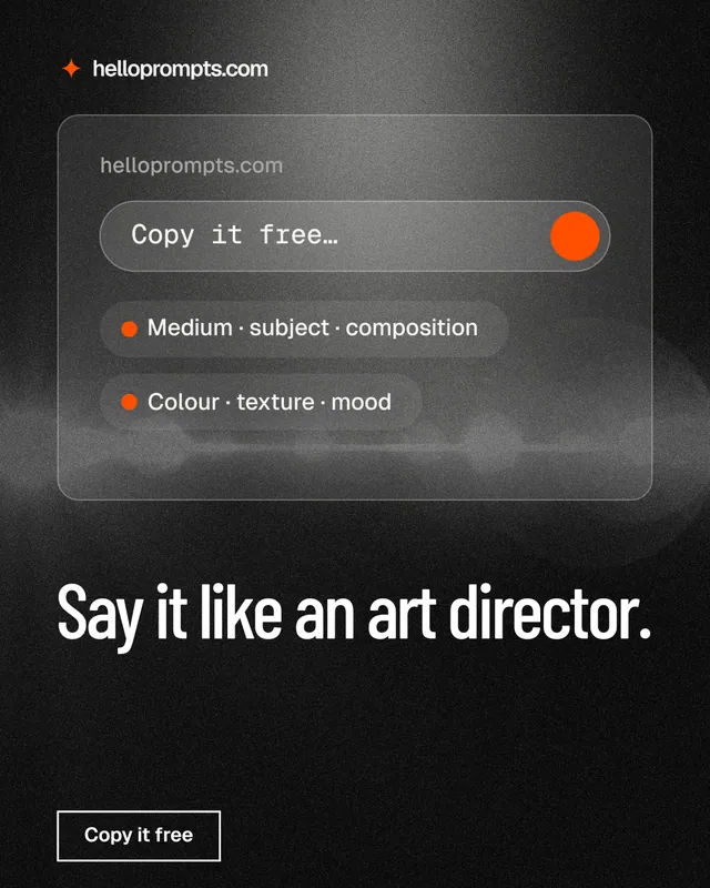 Instagram portrait post for HelloPrompts: "Say it like an art director." Dark deco style, bottom layout, dark palette in grey, black.
