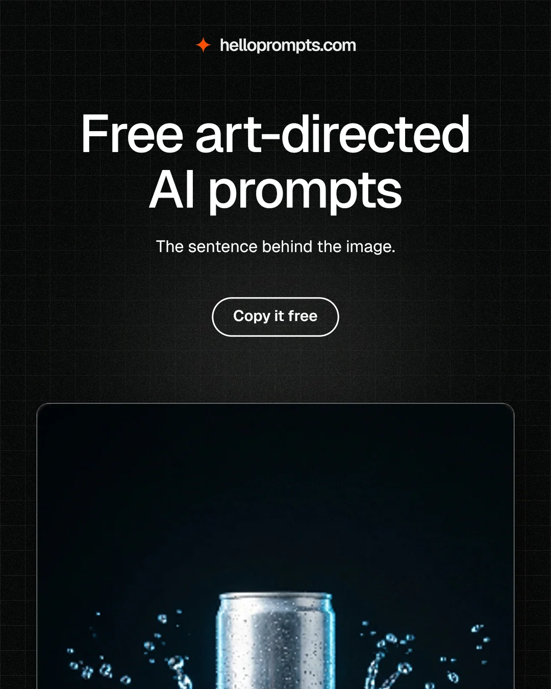Instagram portrait post for HelloPrompts: "Free art-directed AI prompts". Phosphor atlas style, centred layout, dark palette in black, grey.