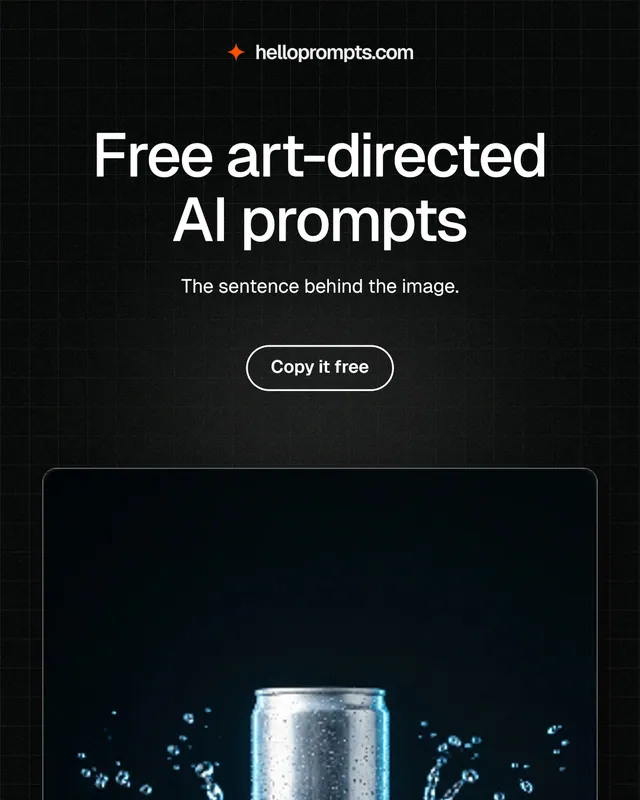 Instagram portrait post for HelloPrompts: "Free art-directed AI prompts". Phosphor atlas style, centred layout, dark palette in black, grey.