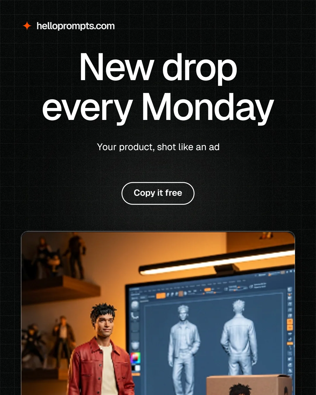 Instagram portrait post for HelloPrompts: "New drop every Monday". Phosphor atlas style, centred layout, dark palette in black, orange, grey.