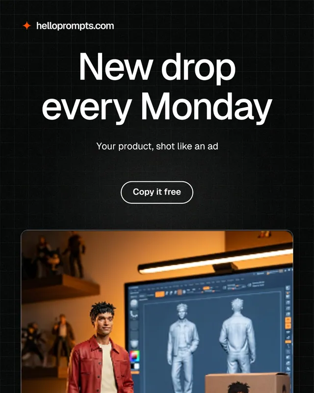 Instagram portrait post for HelloPrompts: "New drop every Monday". Phosphor atlas style, centred layout, dark palette in black, orange, grey.