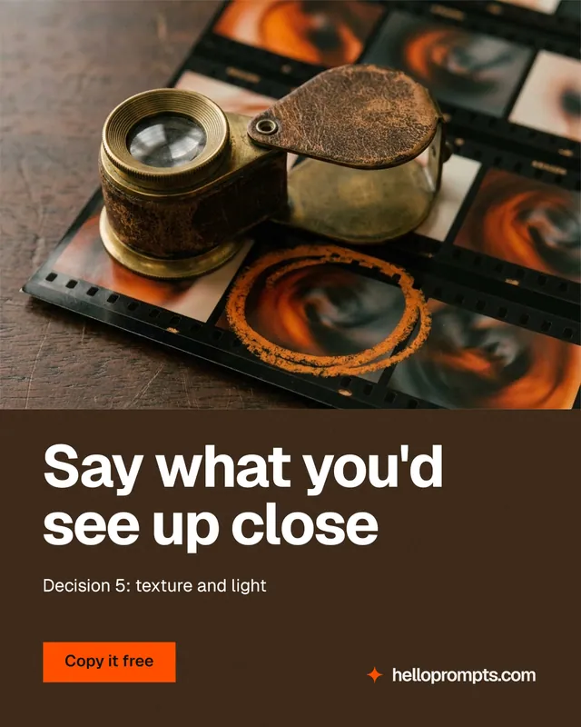 Instagram portrait post for HelloPrompts: "Say what you'd see up close". Swiss style, bottom layout, dark palette in orange, black, grey.