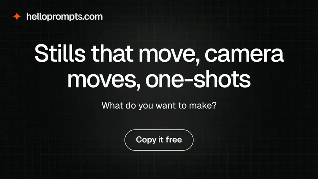 Landscape graphic for HelloPrompts: "Stills that move, camera moves, one-shots". Phosphor atlas style, centred layout, dark palette in black, grey.