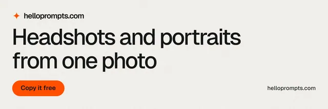 X header for HelloPrompts: "Headshots and portraits from one photo". Data card style, poster layout, light palette in white, grey.