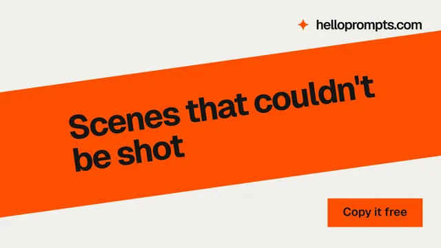 Landscape graphic for HelloPrompts: "Scenes that couldn't be shot". Swiss style, diagonal layout, light palette in white, orange.