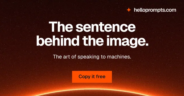 Social ad for HelloPrompts: "The sentence behind the image." Swiss style, centred layout, dark palette in black, red, orange.