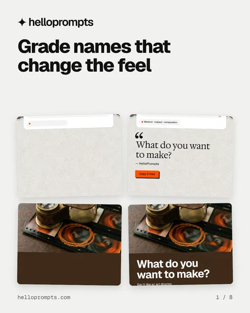 Carousel for HelloPrompts: "Grade names that change the feel". Collection carousel, 8 slides, light palette.