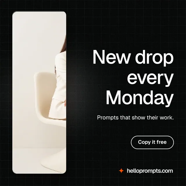 Instagram post for HelloPrompts: "New drop every Monday". Phosphor atlas style, right layout, dark palette in black, orange.