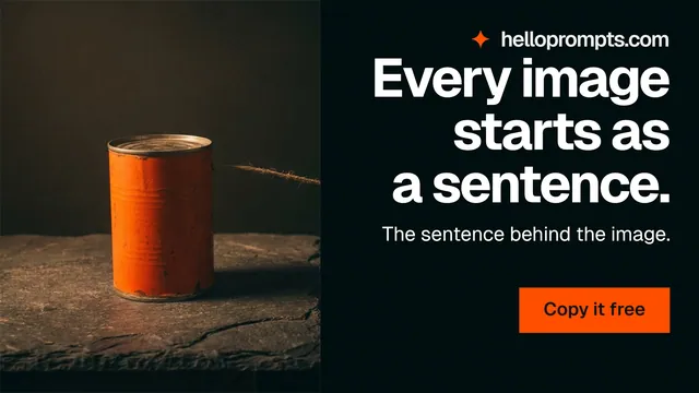 Landscape graphic for HelloPrompts: "Every image starts as a sentence." Swiss style, right layout, dark palette in black, orange.