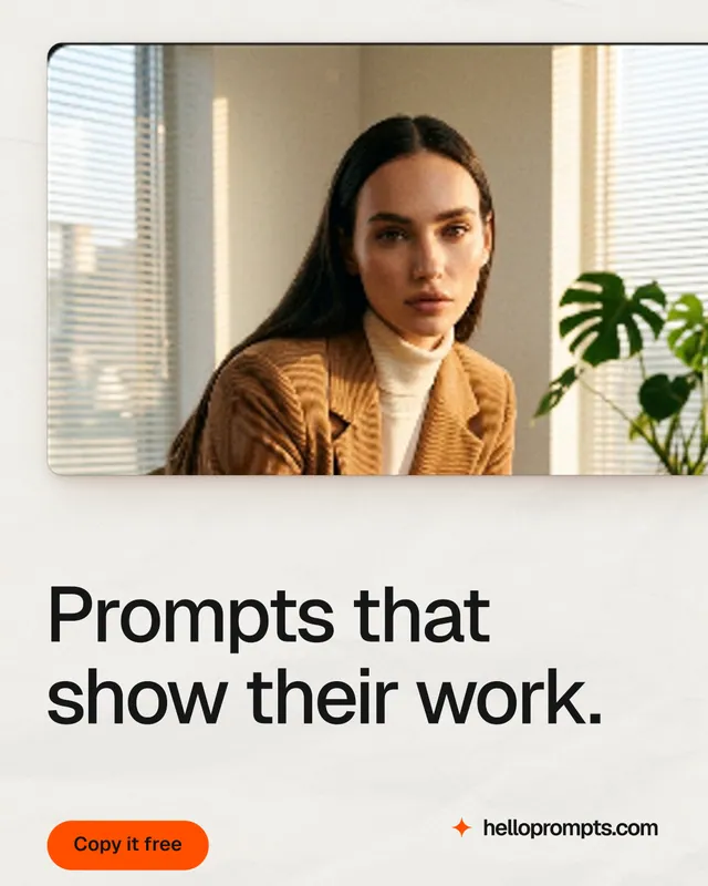 Instagram portrait post for HelloPrompts: "Prompts that show their work." Data card style, bottom layout, light palette in white, orange, brown.