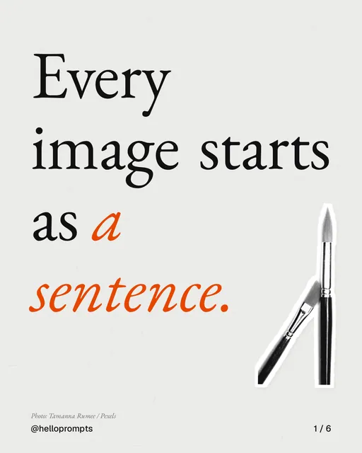 Carousel for HelloPrompts: "Every image starts as a sentence.". Cutout essay, 6 slides, light palette.