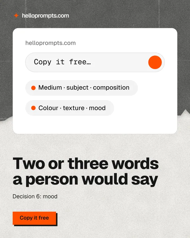 Instagram portrait post for HelloPrompts: "Two or three words a person would say". Paper trio style, bottom layout, light palette in white, grey.