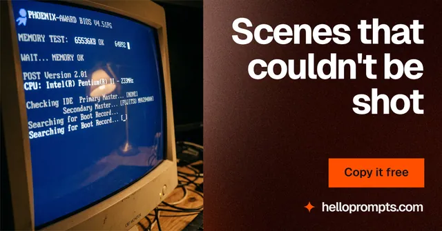 Social ad for HelloPrompts: "Scenes that couldn't be shot". Swiss style, right layout, dark palette in black, blue, orange.