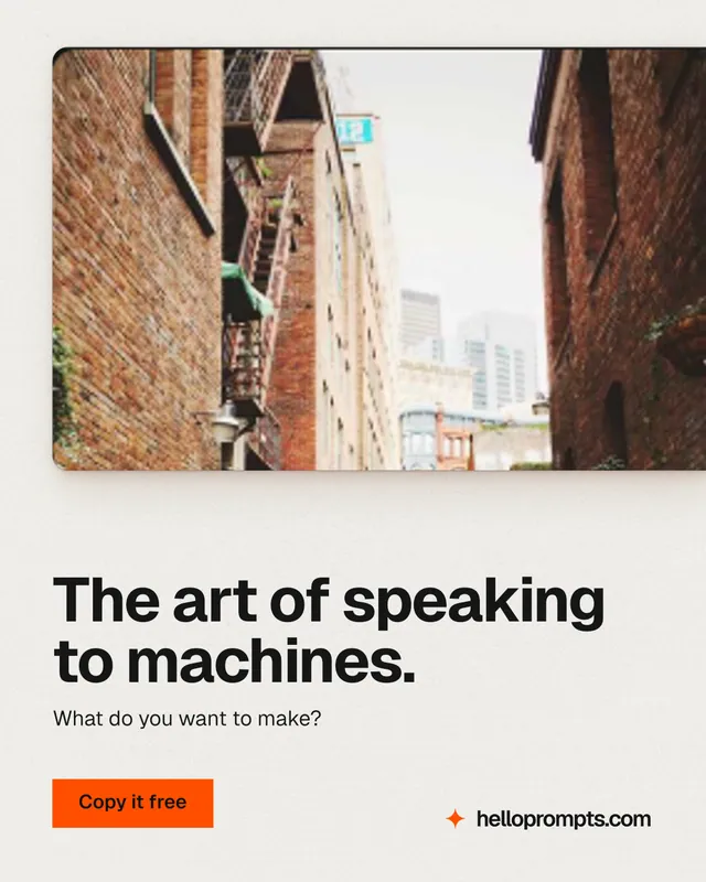 Instagram portrait post for HelloPrompts: "The art of speaking to machines." Swiss style, bottom layout, light palette in white, orange.