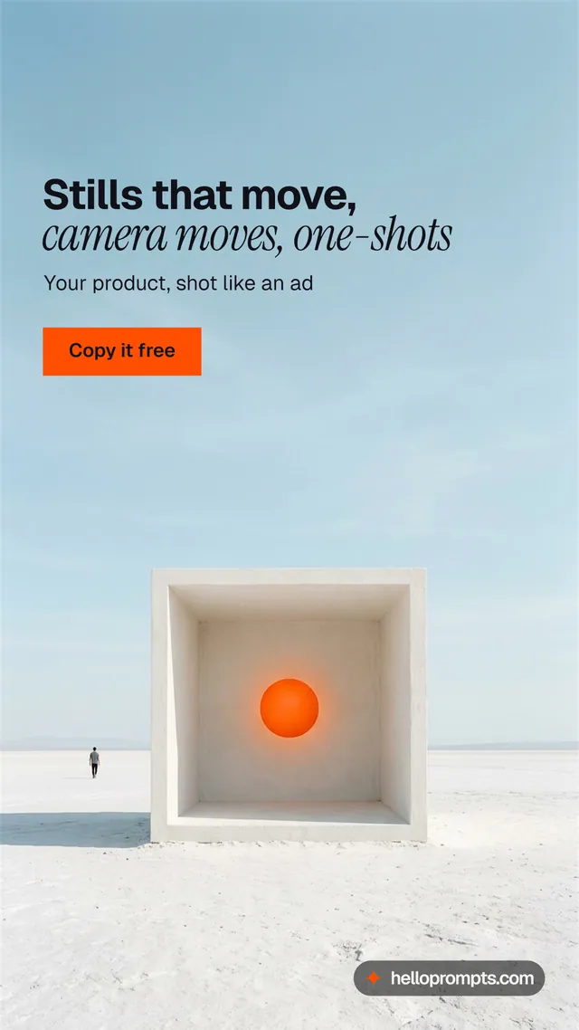 Instagram story for HelloPrompts: "Stills that move, camera moves, one-shots". Swiss style, bottom layout, light palette in blue, grey, white.