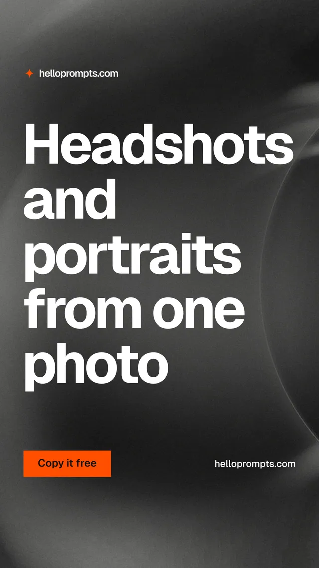 Instagram story for HelloPrompts: "Headshots and portraits from one photo". Swiss style, poster layout, dark palette in black, grey.
