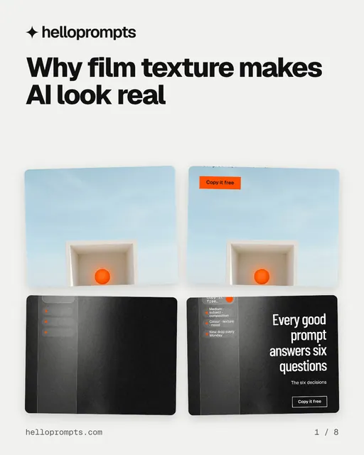 Carousel for HelloPrompts: "Why film texture makes AI look real". Collection carousel, 8 slides, light palette.