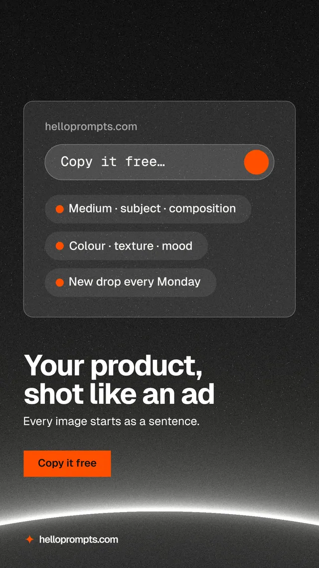 Instagram story for HelloPrompts: "Your product, shot like an ad". Swiss style, bottom layout, dark palette in black, grey.