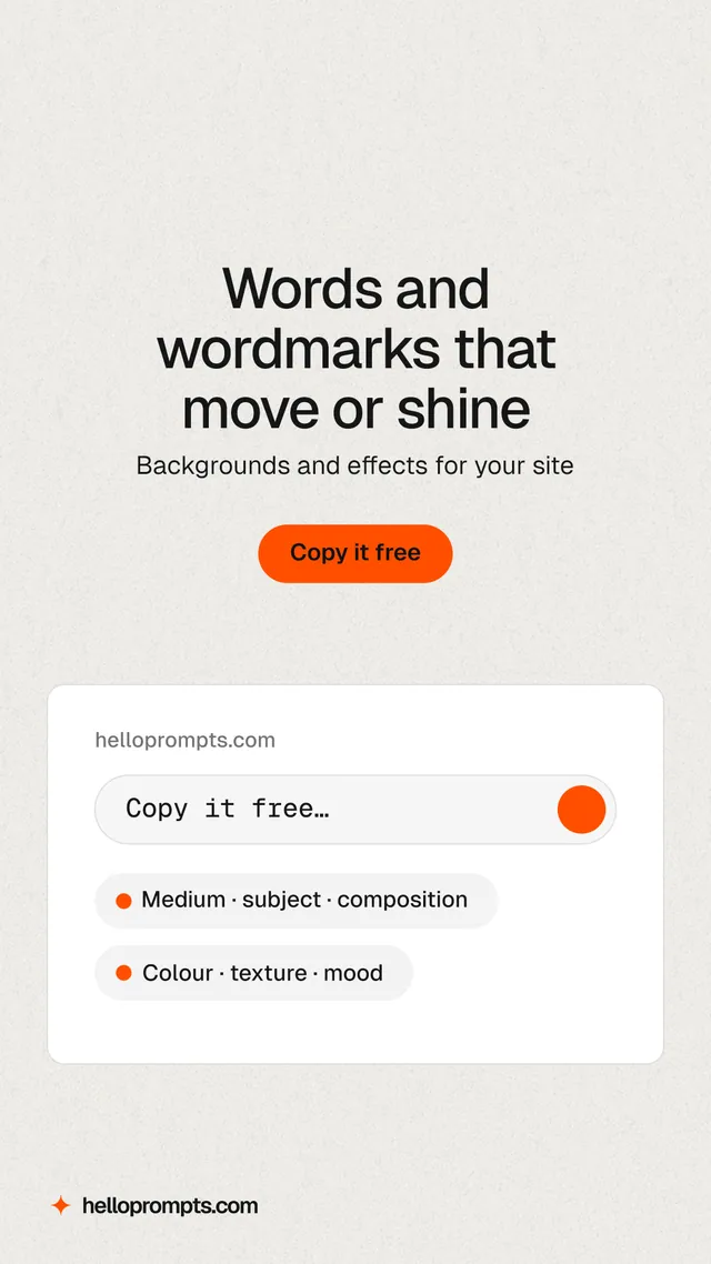 Instagram story for HelloPrompts: "Words and wordmarks that move or shine". Data card style, centred layout, light palette in white, orange.