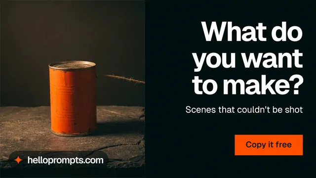 Landscape graphic for HelloPrompts: "What do you want to make?" Swiss style, right layout, dark palette in black, orange.