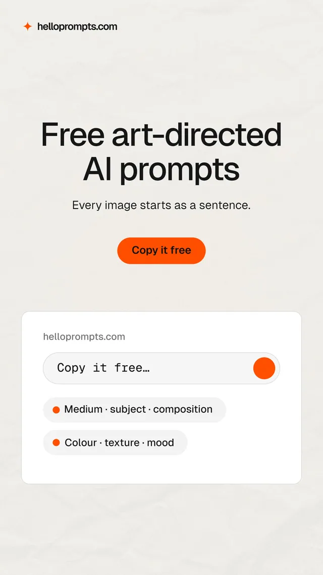 Instagram story for HelloPrompts: "Free art-directed AI prompts". Data card style, centred layout, light palette in white, orange.