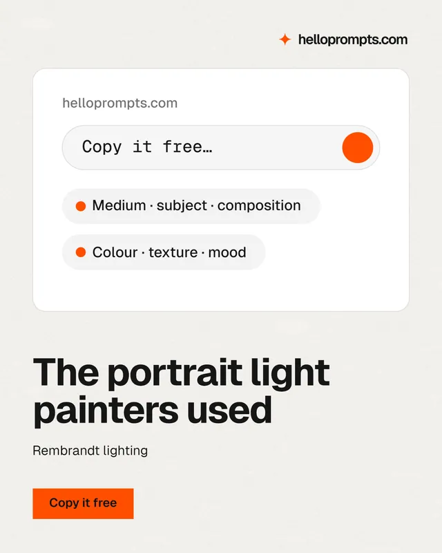 Instagram portrait post for HelloPrompts: "The portrait light painters used". Swiss style, bottom layout, light palette in white, grey.