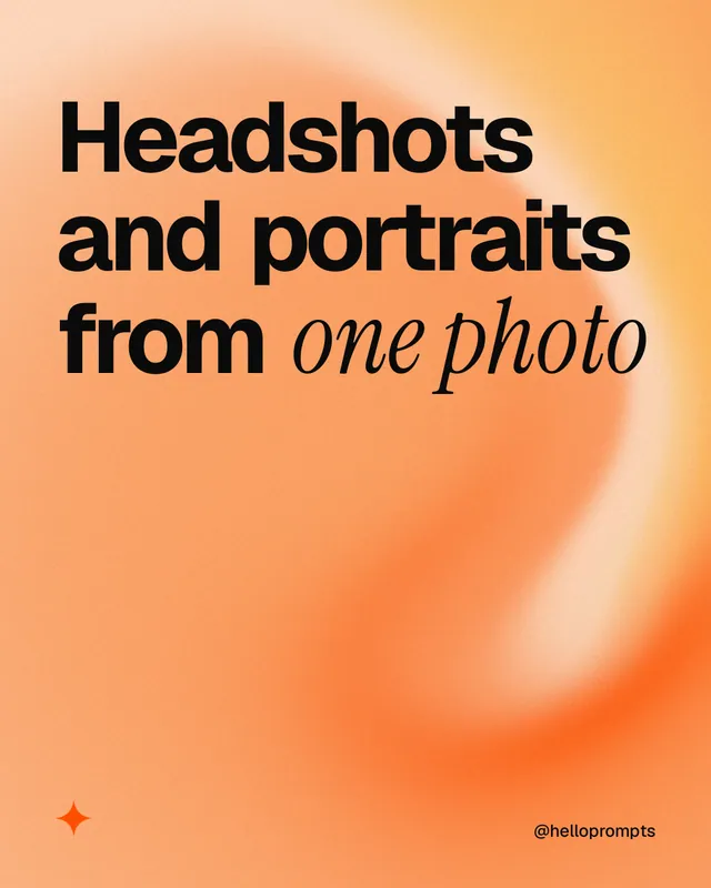 Instagram portrait post for HelloPrompts: "Headshots and portraits from one photo". Auto 4x5 style, technique:shader field layout, light palette in orange, brown.