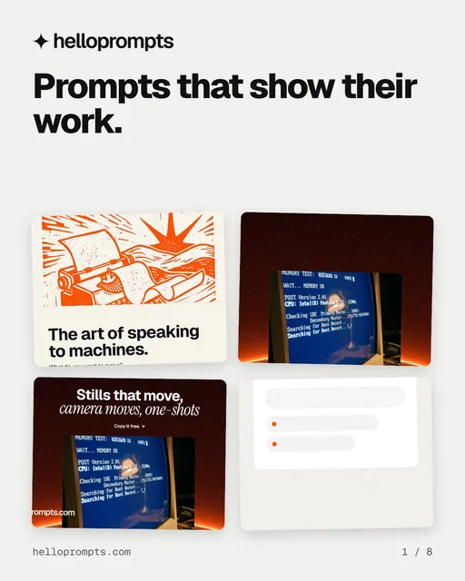 Carousel for HelloPrompts: "Prompts that show their work.". Collection carousel, 8 slides, light palette.