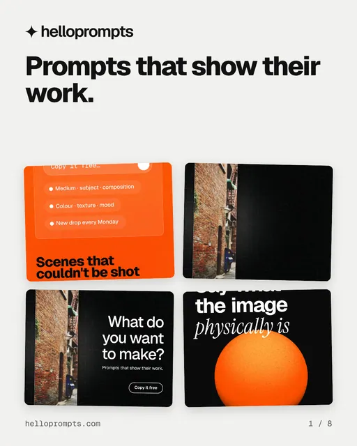 Carousel for HelloPrompts: "Prompts that show their work.". Collection carousel, 8 slides, light palette.
