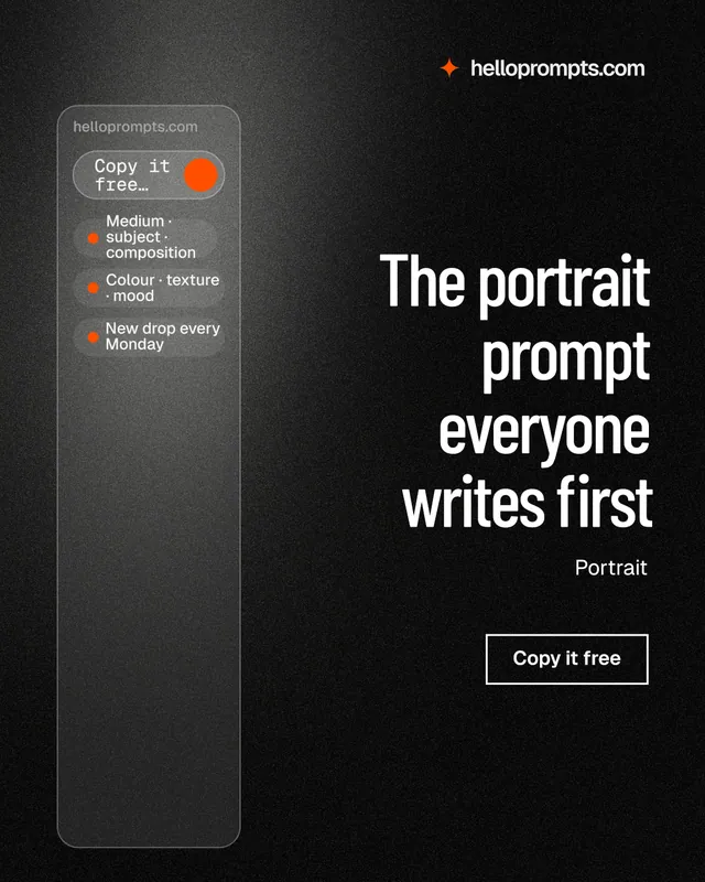 Instagram portrait post for HelloPrompts: "The portrait prompt everyone writes first". Dark deco style, right layout, dark palette in black, grey.