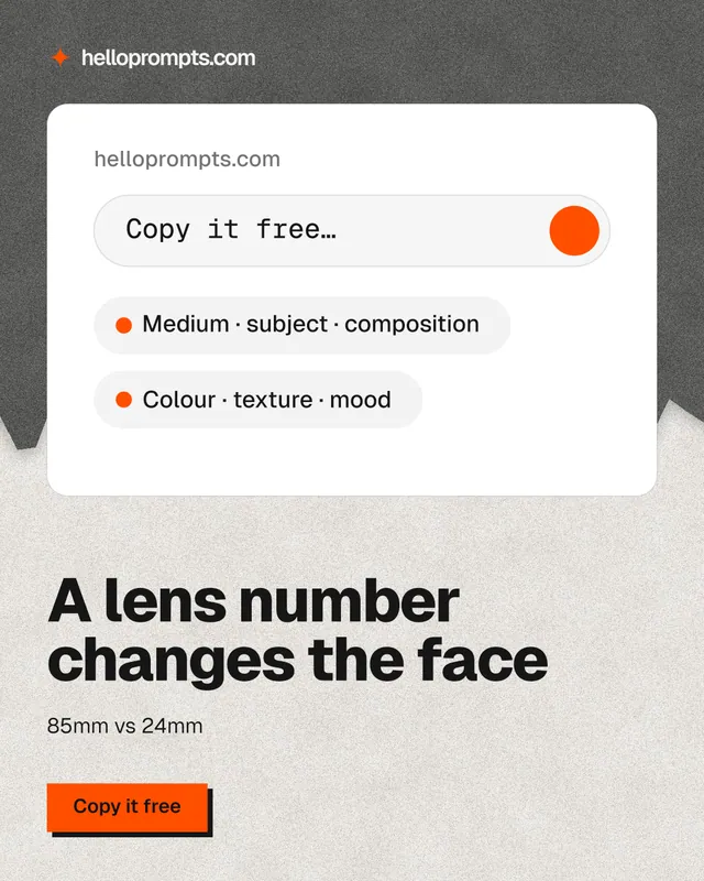 Instagram portrait post for HelloPrompts: "A lens number changes the face". Paper trio style, bottom layout, light palette in white, grey.