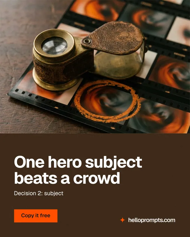 Instagram portrait post for HelloPrompts: "One hero subject beats a crowd". Swiss style, bottom layout, dark palette in orange, black, grey.