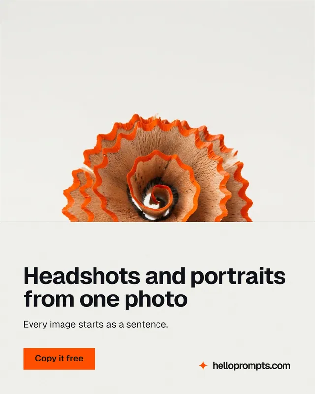 Instagram portrait post for HelloPrompts: "Headshots and portraits from one photo". Swiss style, bottom layout, light palette in white, brown.