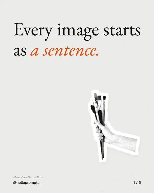 Carousel for HelloPrompts: "Every image starts as a sentence.". Cutout essay, 6 slides, light palette.