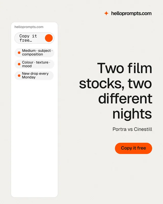 Instagram portrait post for HelloPrompts: "Two film stocks, two different nights". Data card style, right layout, light palette in white.
