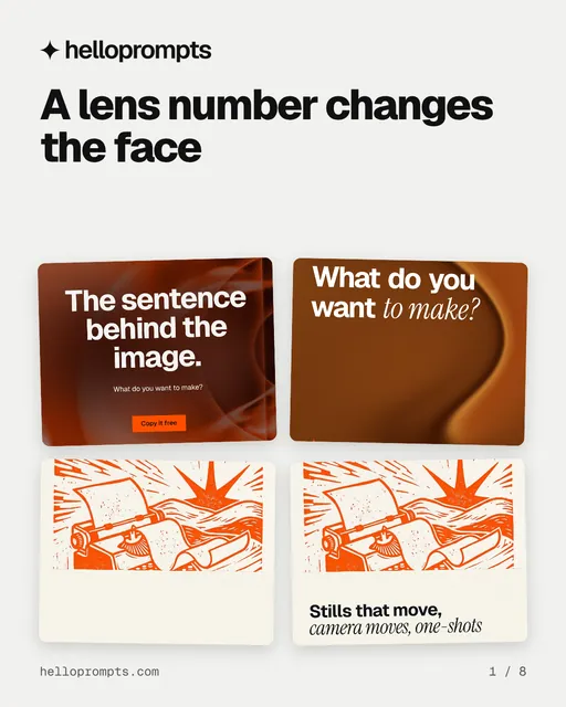 Carousel for HelloPrompts: "A lens number changes the face". Collection carousel, 8 slides, light palette.