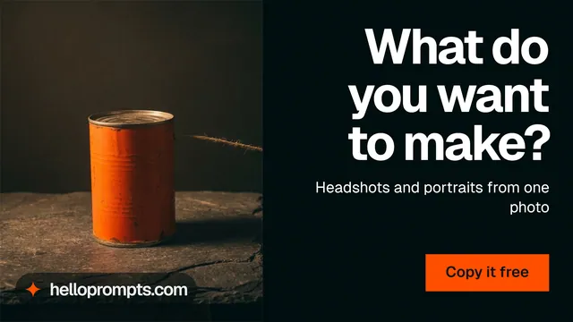 Landscape graphic for HelloPrompts: "What do you want to make?" Swiss style, right layout, dark palette in black, orange.