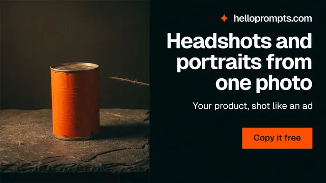 Landscape graphic for HelloPrompts: "Headshots and portraits from one photo". Swiss style, right layout, dark palette in black, orange.