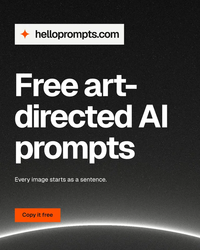 Instagram portrait post for HelloPrompts: "Free art-directed AI prompts". Swiss style, announce layout, dark palette in black, grey.