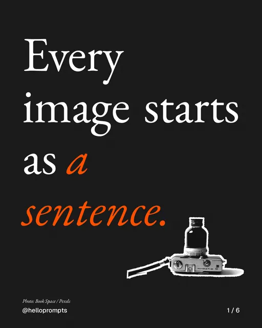 Carousel for HelloPrompts: "Every image starts as a sentence.". Cutout essay, 6 slides, dark palette.