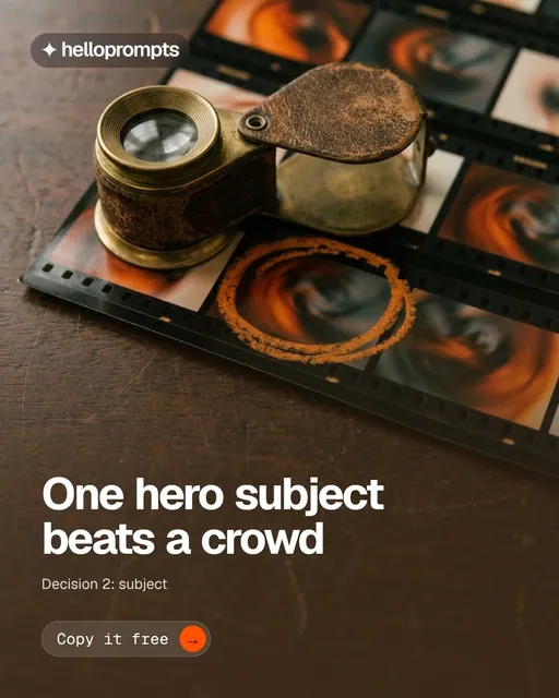 Video for HelloPrompts: "One hero subject beats a crowd". Doc motion loop, 6.0 s, dark palette.