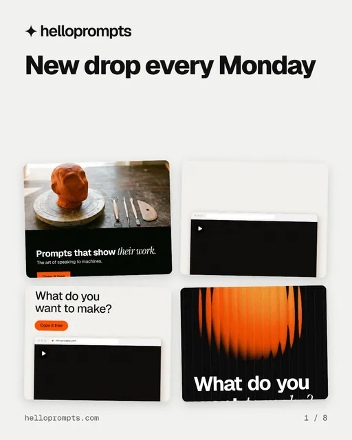 Carousel for HelloPrompts: "New drop every Monday". Collection carousel, 8 slides, light palette.