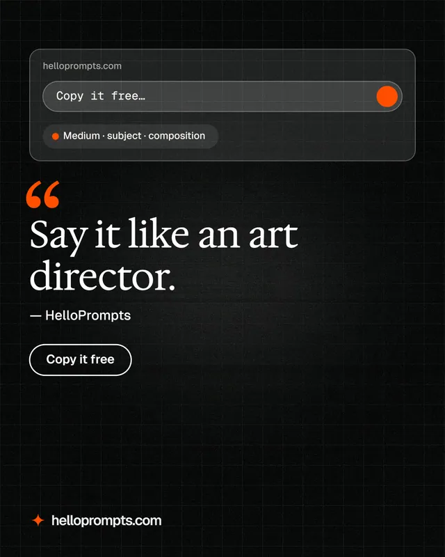 Instagram portrait post for HelloPrompts: "Say it like an art director." Phosphor atlas style, quote layout, dark palette in black, grey.