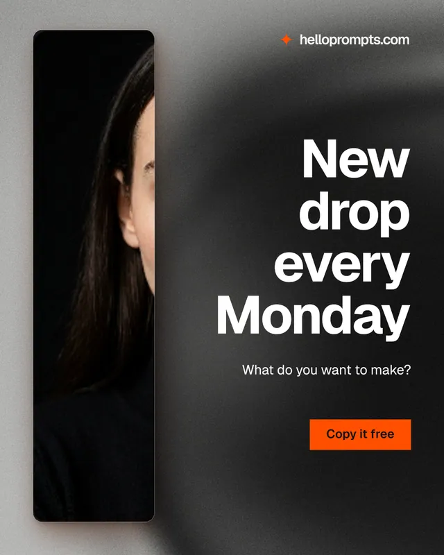 Instagram portrait post for HelloPrompts: "New drop every Monday". Swiss style, right layout, dark palette in grey, black.