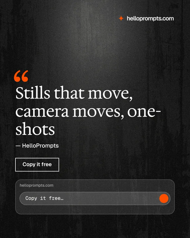 Instagram portrait post for HelloPrompts: "Stills that move, camera moves, one-shots". Dark deco style, quote layout, dark palette in black, grey.