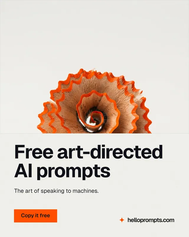 Instagram portrait post for HelloPrompts: "Free art-directed AI prompts". Swiss style, bottom layout, light palette in white, brown.